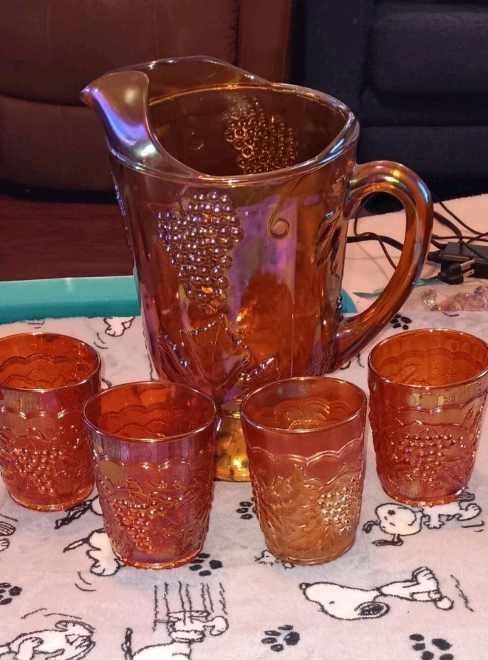 Vintage Indiana Marigold Carnival Glass 4 Small Glasses & Pitcher Harvest Grape